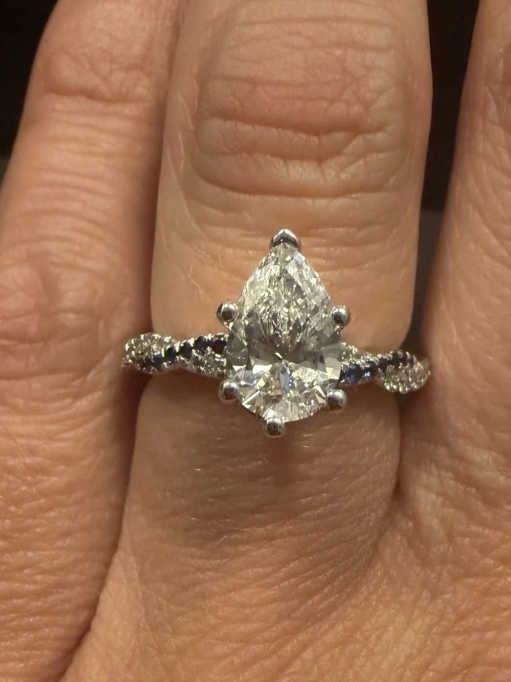 Pear-Shaped Diamond Engagement Ring in White Gold with Sapphire- Sparkling Clear